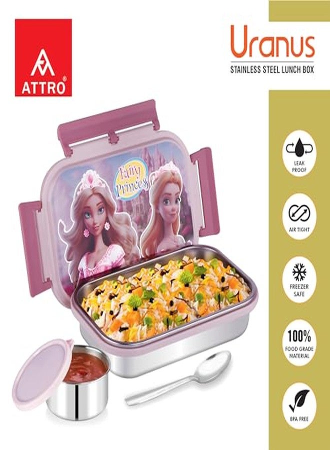 Attro Uranus Stainless Steel Lunch Box with 1 Small Container & Spoon Eyecatchy Fairy Princess Print BPA Free Food Grade, (700ml+160ml)- Pink - Image 4